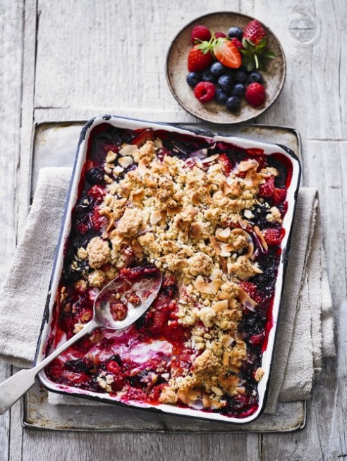 Mixed berry bake with coconut macadamia crumble