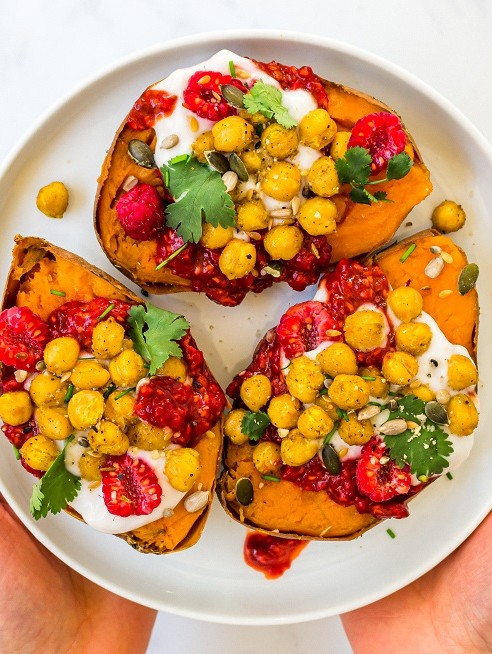 Stuffed Sweet Potatoes with Chickpeas and Raspberry Harissa