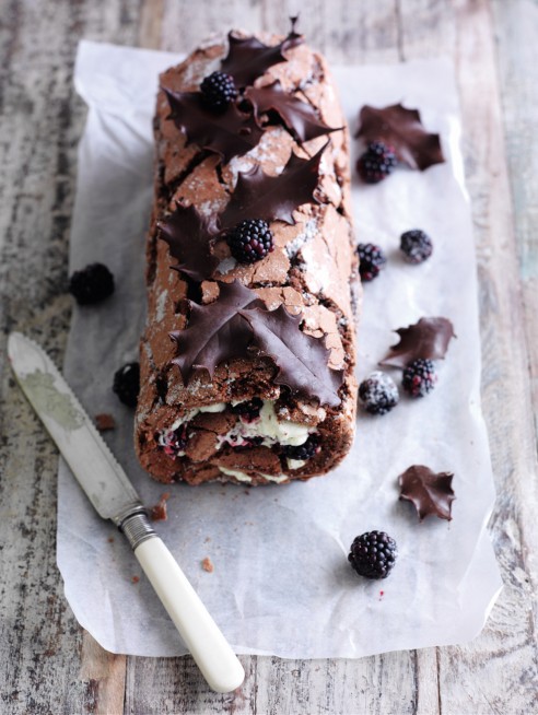 Chocolate roulade with boozy blackberries