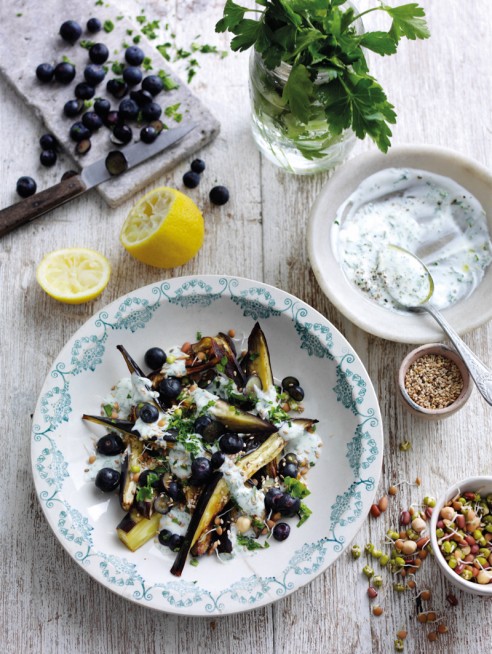 Roast Aubergine with Yoghurt, Sliced Blueberries and Parsley