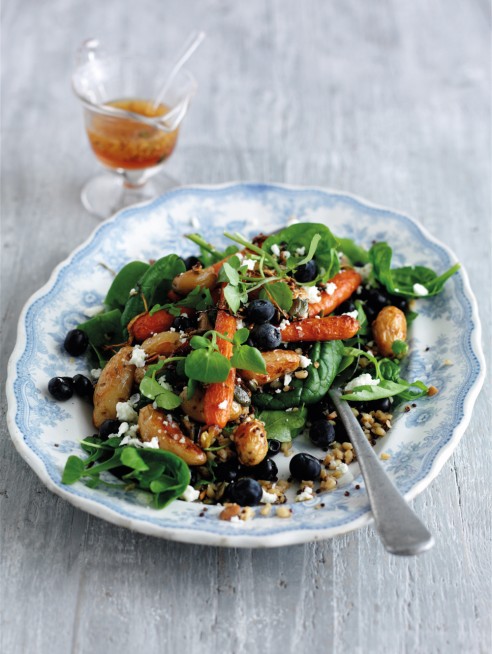 Mixed grain salad with blueberries and maple roasted baby carrots and new potatoes