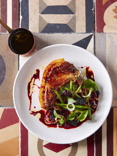 Pork Chop, Blackberries and Summer Beans