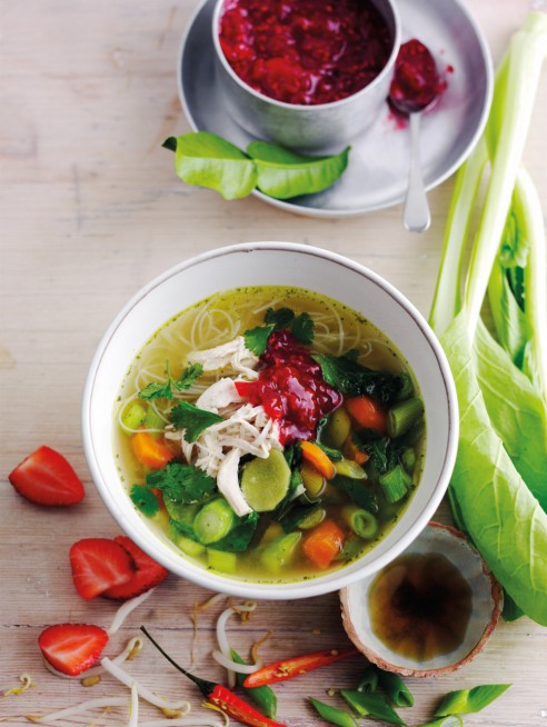 Chicken pho with sweet and sour berry sambal