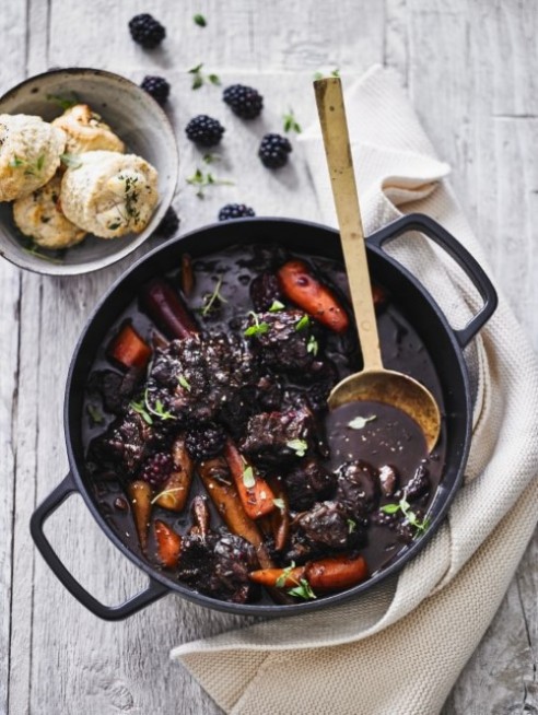 Blackberry balsamic and rosemary lamb stew with onions and goats cheese thyme biscuits